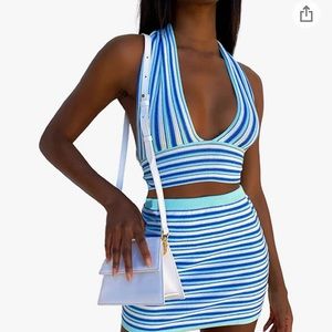 Blue/white crochet Knitted Two Piece Set